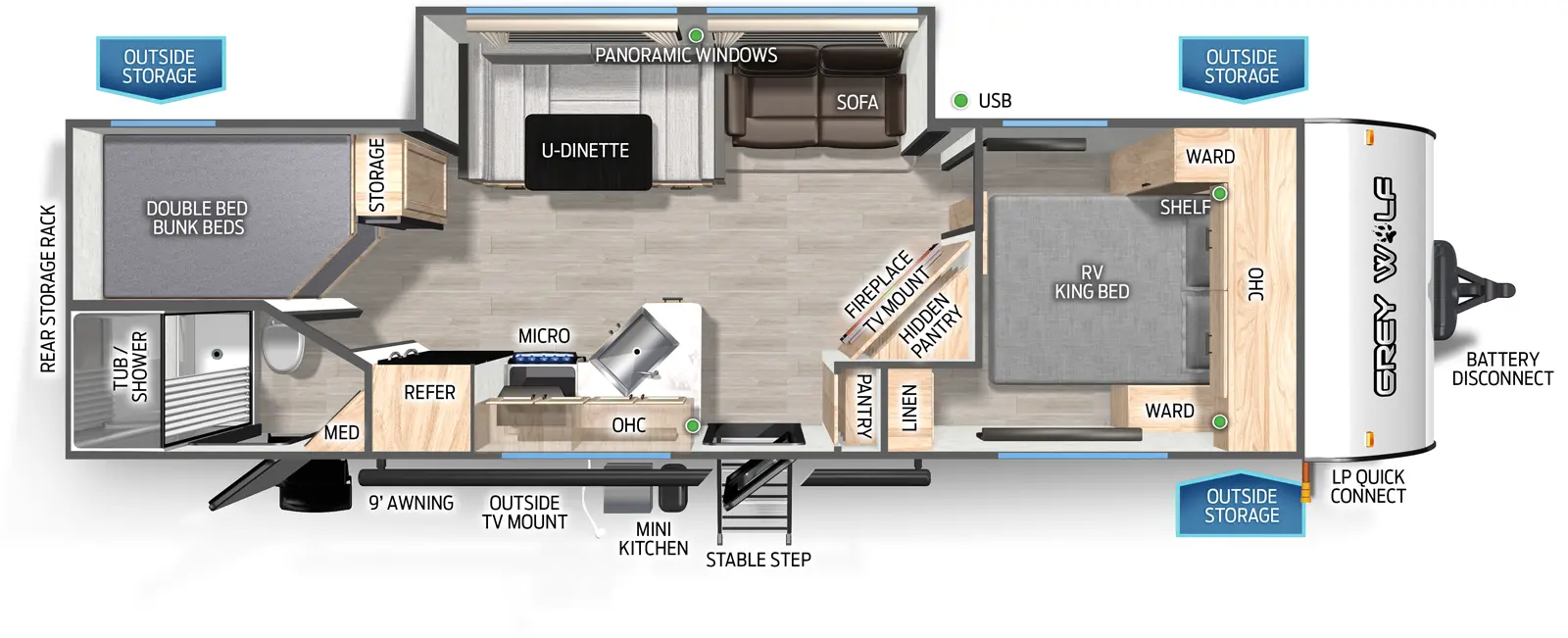 The Grey Wolf 26KF floorplan has two entries and one slide out. Exterior features include: metal exterior, 9' awning and outside kitchen. Interiors features include: bunk beds, u-dinette and front bedroom.